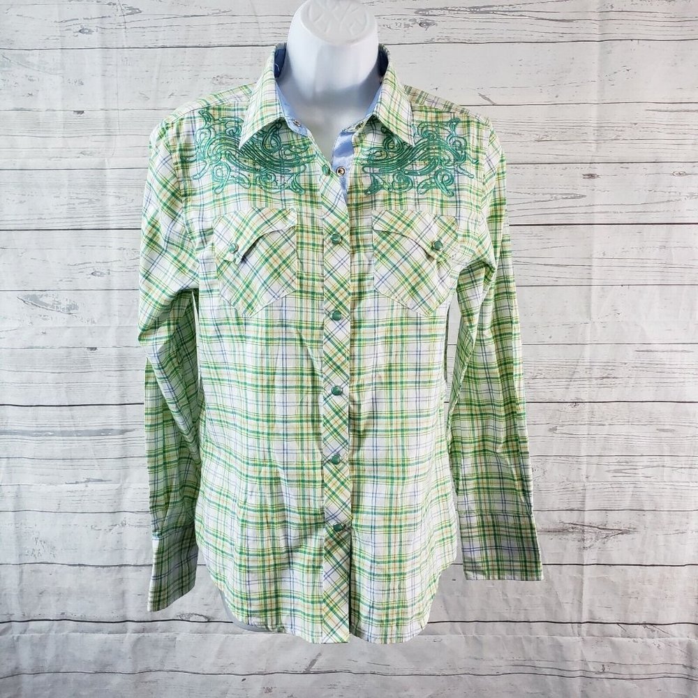 Danesi Womens Pearl Snap‎ Shirt Sz Medium Green White Plaid Embroidered